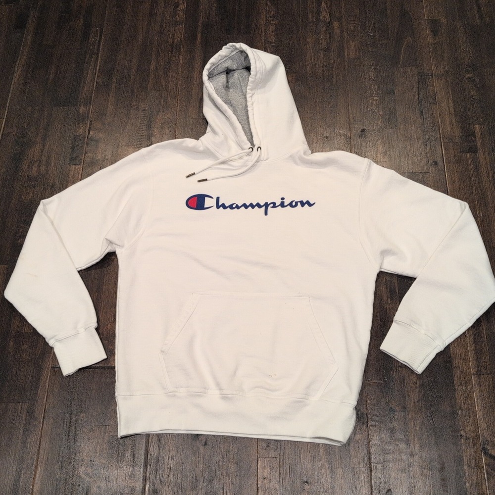 Champion Logo Hoodie White‎ Mens M Authentic Athleticwear Pullover Sweatshirt